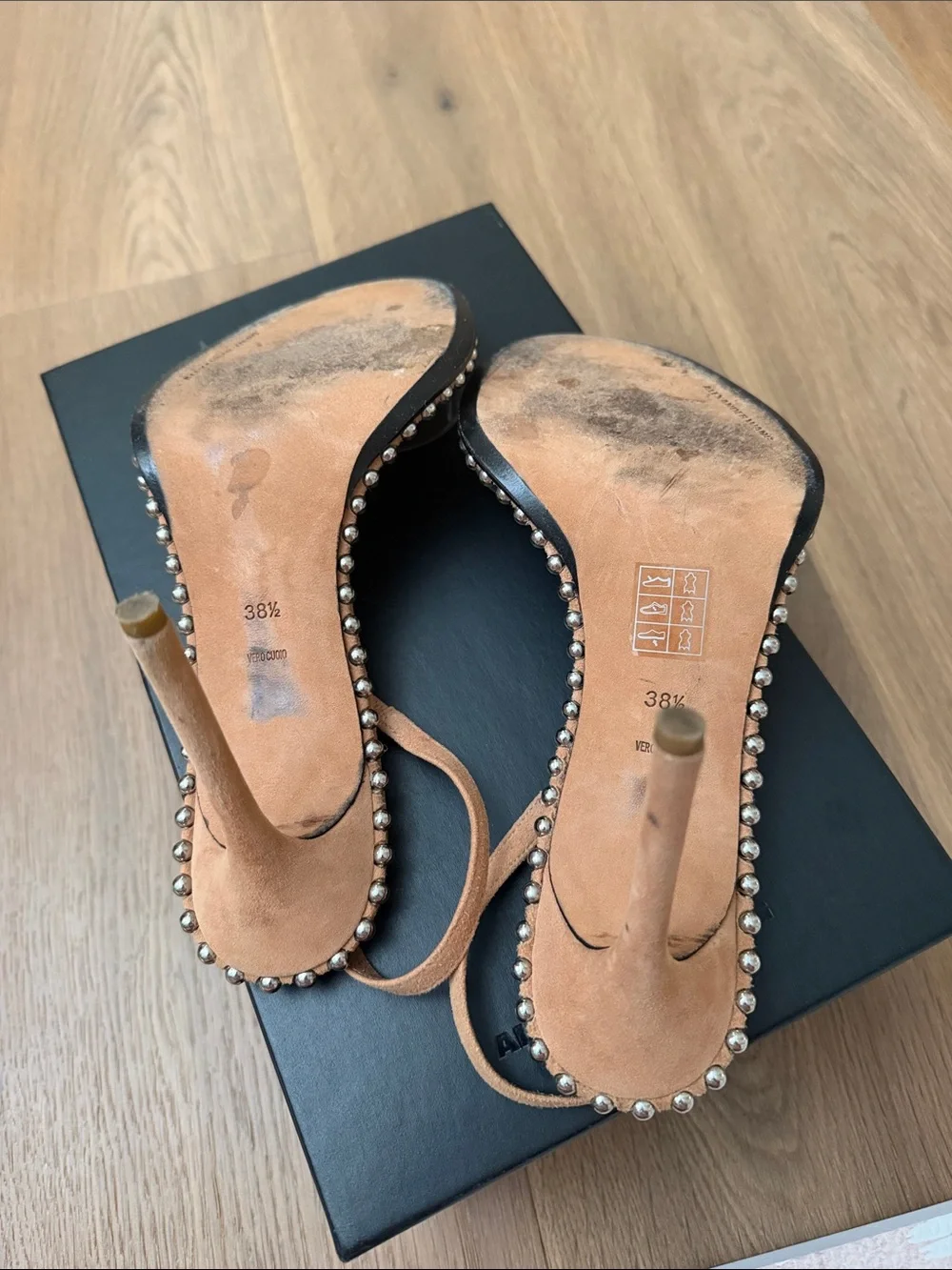 Alexander Wang Tan Suede Slingback Heels with Clear Strap and Stud Trim